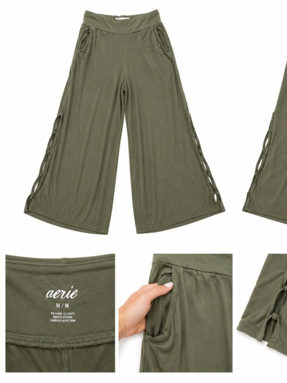 Aerie Olive Green Wide Leg Pants w/ Side Slits & Pockets – Size M